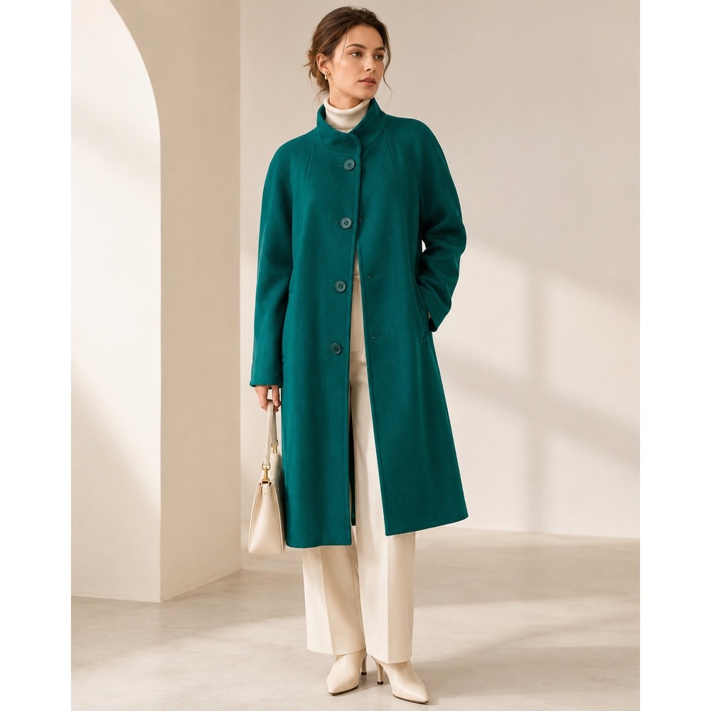 VTG Wool Funnel Neck Overcoat Midi Raglan Sleeve Green Old Money Union Tag